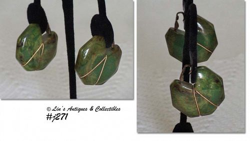 Vintage Bakelite Earrings Marbled Green