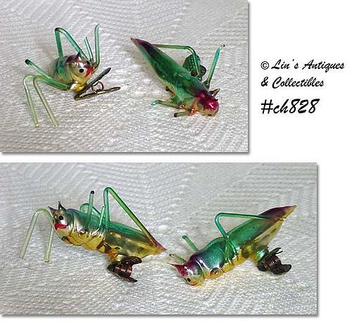 2 VINTAGE GLASS GRASSHOPPER ORNAMENTS/CLIPS MADE IN ITALY