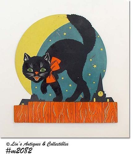 VINTAGE HALLOWEEN BLACK CAT ON A FENCE TABLE DECORATION MADE IN USA