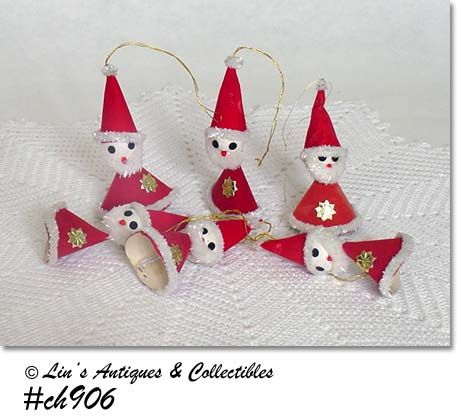 SET OF 6 VINTAGE SANTA ORNAMENTS WITH SPUN COTTON HEADS