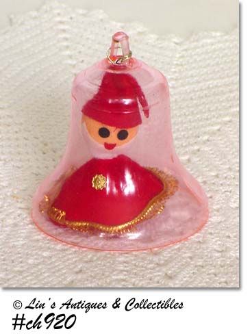 VINTAGE PLASTIC BELL ORNAMENT WITH VINTAGE SANTA INSIDE