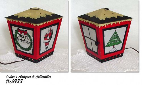 VINTAGE METAL WITH CHRISTMAS PANELS ELECTRIC CHRISTMAS LANTERN LIGHT