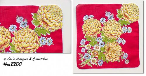 Vintage Hanky Red with Yellow Chrysanthemums