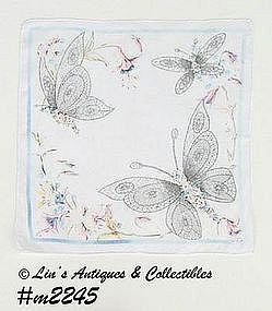 VINTAGE UNUSUAL WHITE WITH BUTTERFLIES HANDKERCHIEF