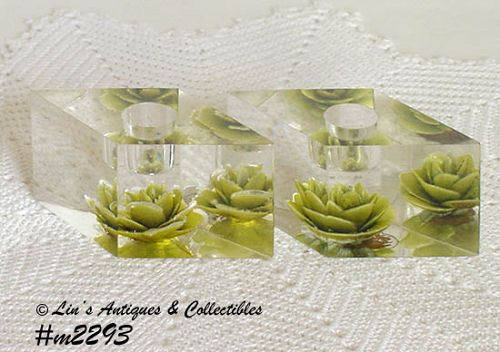 Bircroft Lucite with Green Roses Candle Holders