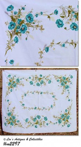 AQUA POPPIES64" x 51" VINTAGE TABLECLOTH