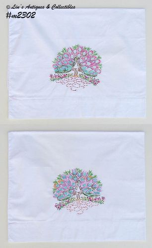 Vintage Hand Embroidered Peacocks Pillowcases