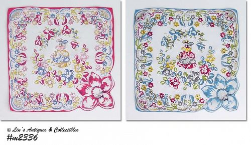 TWO VINTAGE FLORAL HANKIES WITH SPANISH LADIES IN CENTERS