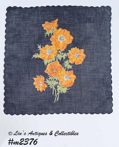 BLACK WITH ORANGE POPPIES VINTAGE HANDKERCHIEF