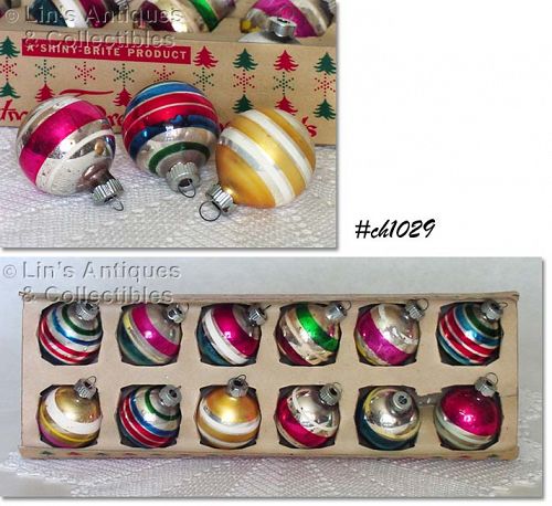 1 DOZEN SMALL SHINY BRITE VINTAGE CHRISTMAS ORNAMENTS WITH STRIPES