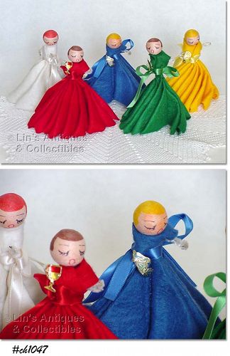 Vintage Christmas Ladies with Spun Cotton Heads Lot of 5