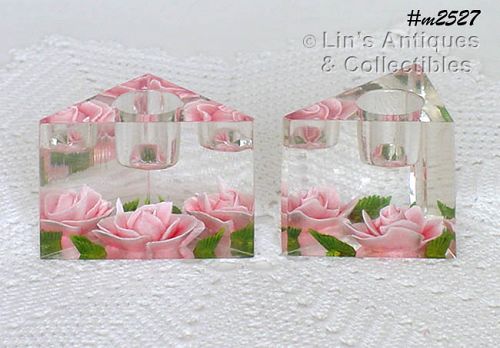 Bircroft Lucite with Pink Roses Candle Holders