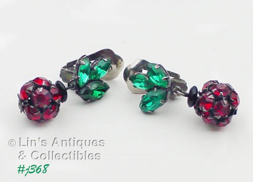 Vintage Rhinestone Cherry with Leaves Earrings Austria