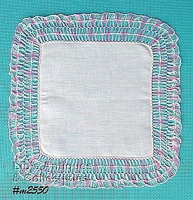 WHITE HANDKERCHIEF WITH PINK AND BLUE CROCHET