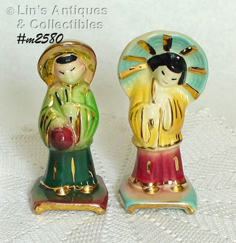 SHAWNEE POTTERY ORIENTAL BOY AND GIRL FIGURINES GOLD TRIM