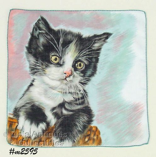 BLACK AND WHITE KITTEN VINTAGE HANDKERCHIEF