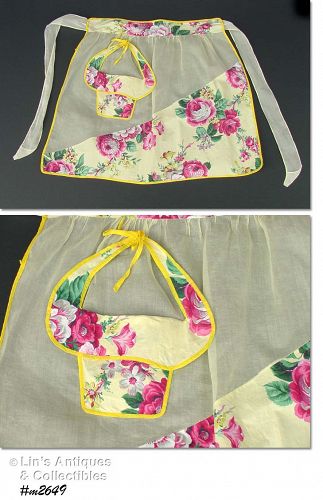 VINTAGE YELLOW HALF APRON WITH PINK FLOWERS AND FANCY POCKET