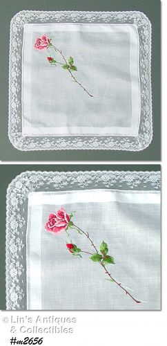 Vintage Petit Point Rose Handkerchief