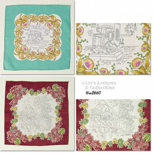 Two Vintage Scenic Center Handkerchiefs