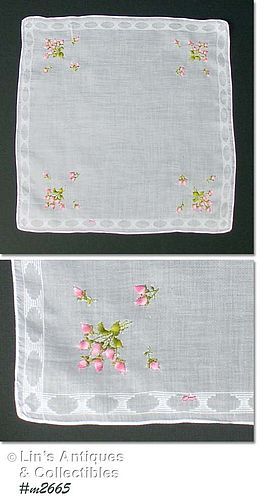 VINTAGE WHITE HANDKERCHIEF WITH BOUQUETS OF PINK ROSEBUDS