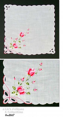 Vintage Wedding Hanky with Pink Roses