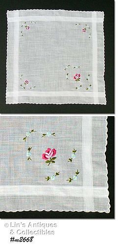 VINTAGE WHITE HANDKERCHIEF WITH EMBROIDERED ROSES IN CORNERS