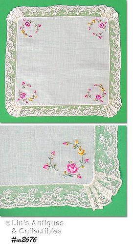 VINTAGE WHITE HANDKERCHIEF WITH PETIT POINT ROSES