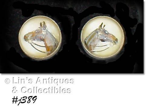 VINTAGE AMCO STERLING EARRINGS WITH HORSE HEAD UNDER LUCITE