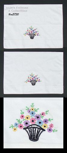 Vintage Hand Embroidered Basket of Flowers Pillowcases