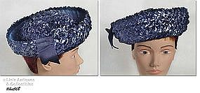 NAVY BLUE RAFFIA AND RIBBON HAT