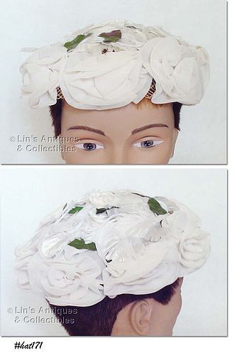 VINTAGE WHITE HAT WITH WHITE ROSES AND LEAVES