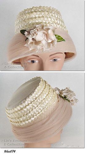 VINTAGE BEIGE HAT WITH ATTACHED ROSE