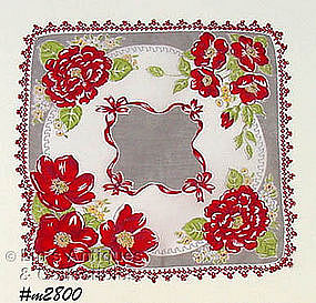 HANDKERCHIEF WITH RED FLOWERS AND RED TATTING