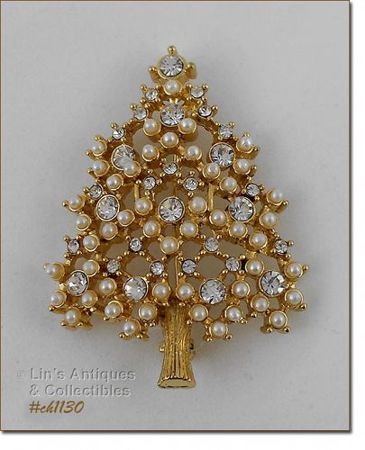 Signed Eisenberg Ice Christmas Tree Pin Rhinestones and Faux Pearls