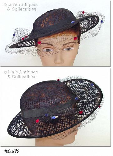 Vintage Black Summer Hat with Black Netting Veil