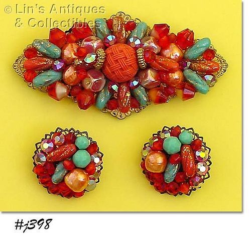 Vintage Pin and Earrings in Shades of Orange