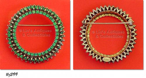 WARNER VINTAGE CIRCLE PIN WITH PRONG SET GREEN RHINESTONES