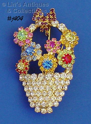 Vintage Basket of Rhinestone Flowers Pin Brooch