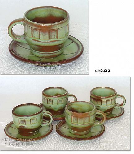 Frankoma Pottery Wagon Wheel Cups with Saucers Set of 4