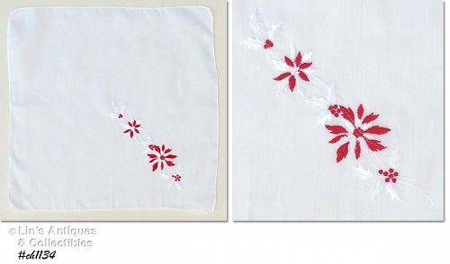 Vintage Christmas Hanky Red and White Poinsettias