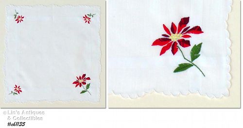 Vintage Christmas Hanky Embroidered Poinsettias