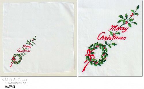 EMBROIDERED âMERRY CHRISTMASâ VINTAGE HANDKERCHIEF HANKY