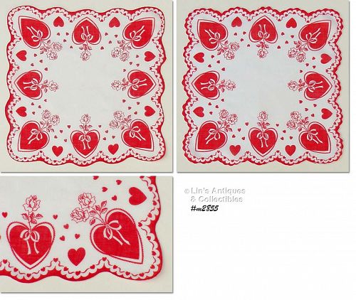 Vintage Valentine Hanky Red Hearts and Roses