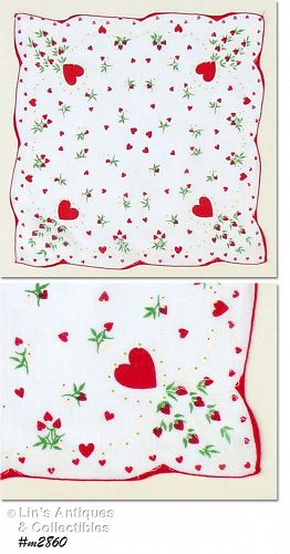 Vintage Valentine Hanky Red Hearts White Flowers Green Leaves