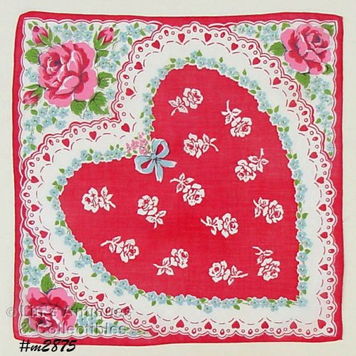 VINTAGE VALENTINE HANKY LARGE RED HEART WITH ROSES AND LITTLE HEARTS