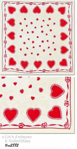 Vintage Valentine Hanky Red Hearts and Red Ribbons