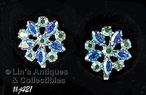 B DAVID AURORA BOREALIS AND BLUE RHINESTONE VINTAGE CLIP EARRINGS