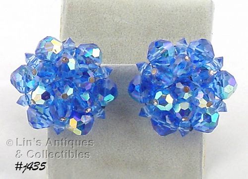 Vintage Blue Glass Bead Earrings Clips