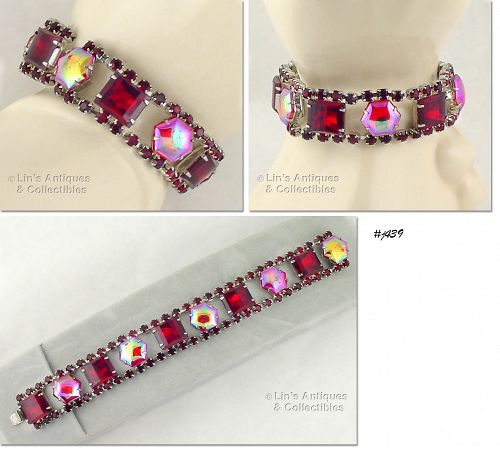 Vintage Red Hot Pink Aurora Borealis Rhinestones Bracelet