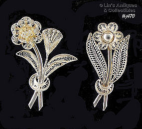 TWO SILVER FLOWER PINS